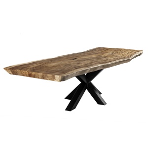 Suar houten tafel met een zwarte matrix poot op een witte achtergrond