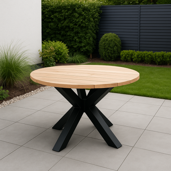 Douglas houten tuintafel met zwart stalen matrix poot